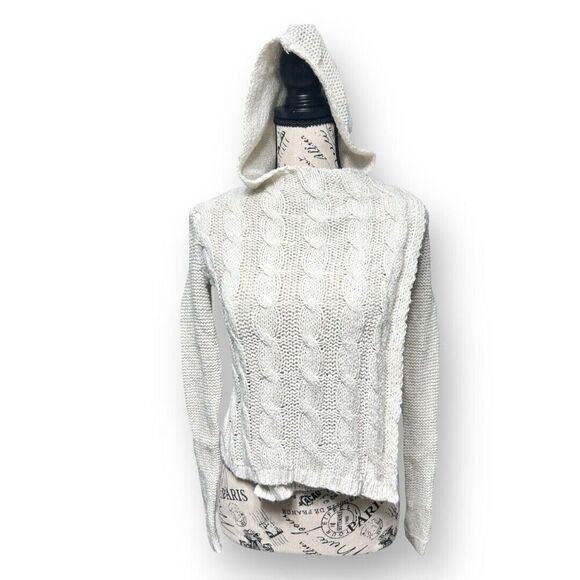 Abercrombie Kids M Cream Hooded Cable Knit Cardigan Sweater Pom Cozy Winter - Picture 2 of 13